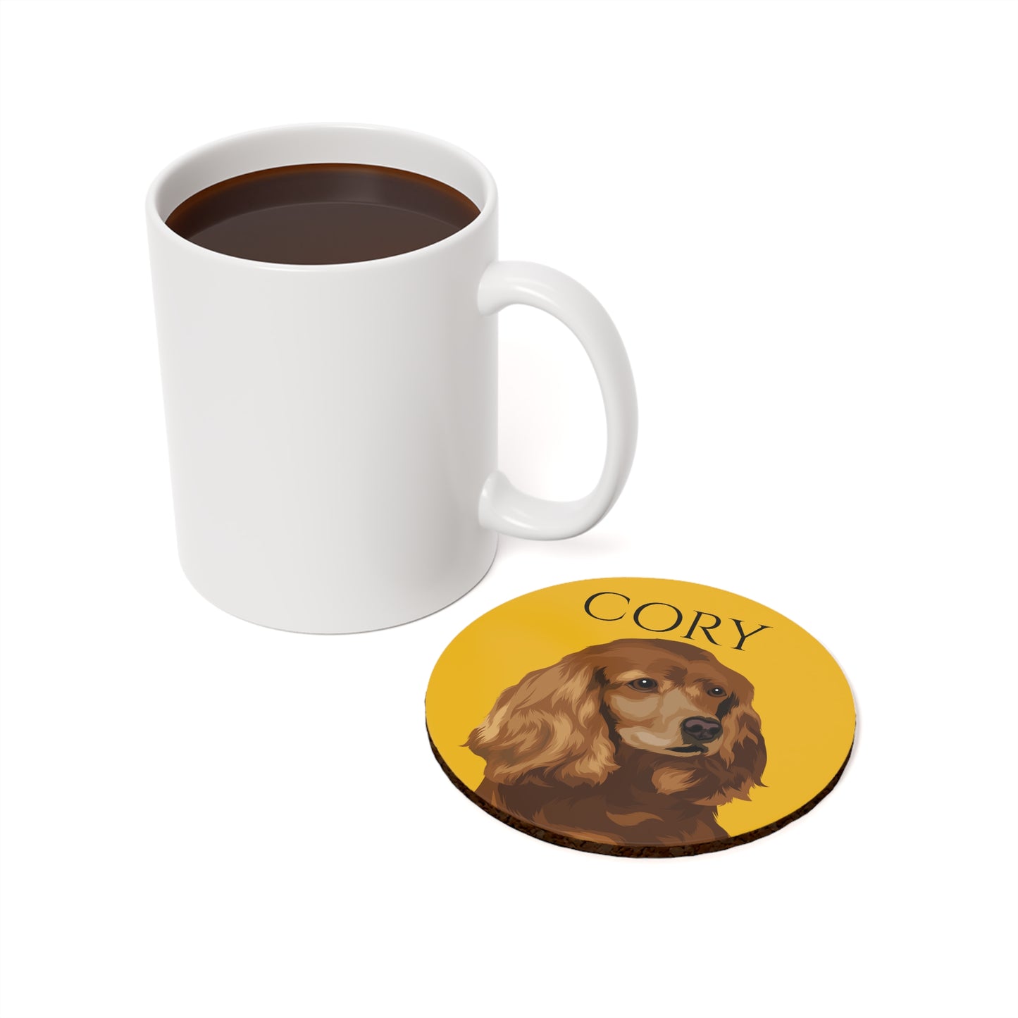 Round-shaped Cork Back Coaster with Custom Pet Portrait Print Beside a Cup of Coffee - Petclusiv