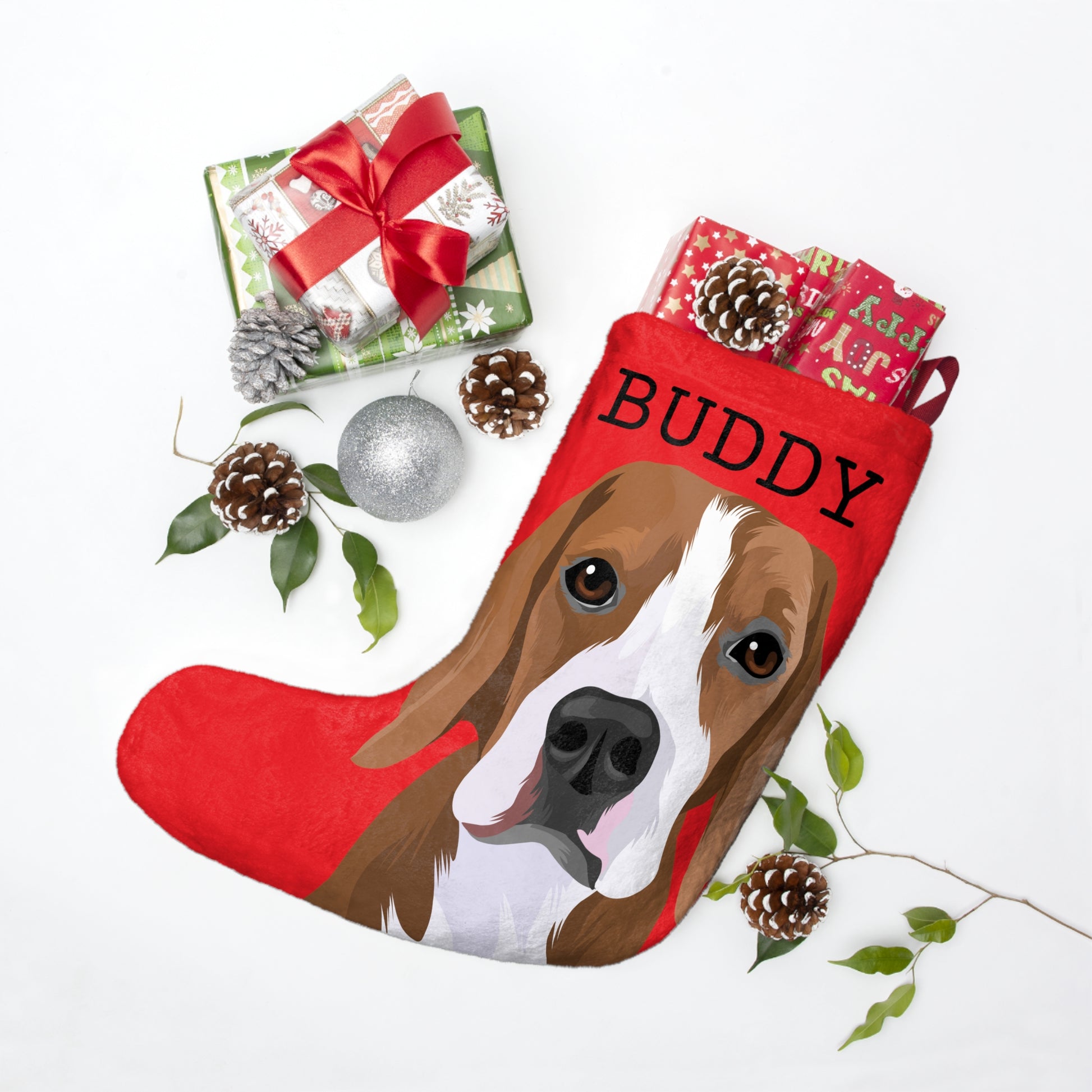 Red Christmas Stocking Lifestyle with Custom Pet Portrait Print - Petclusiv