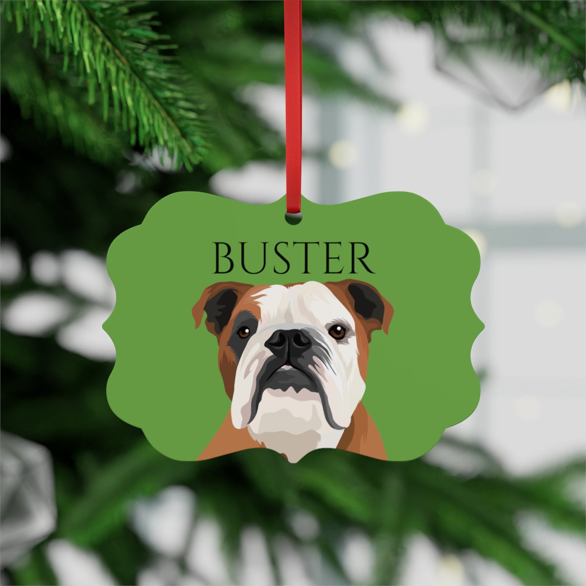 Green Christmas Metal Plaque Ornament with Red Handle Lifestyle with Custom Pet Portrait Print - Petclusiv