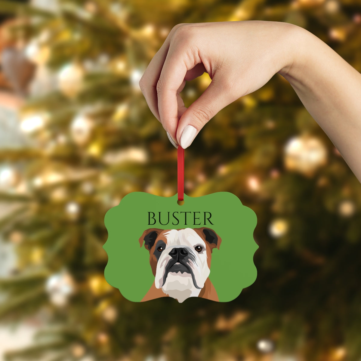 Green Christmas Metal Plaque Ornament Lifestyle with Custom Pet Portrait Print - Petclusiv
