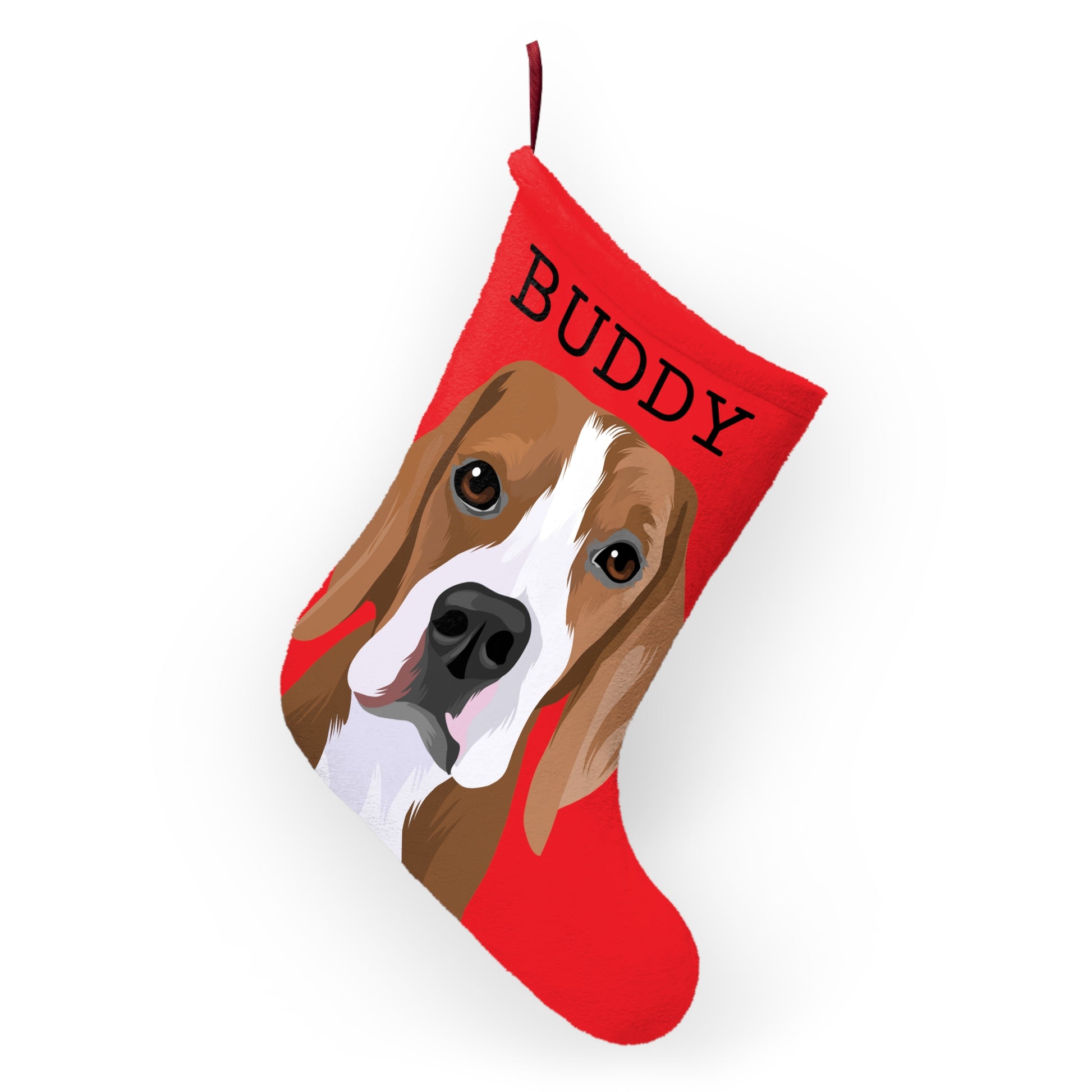 Red Christmas Stocking Lifestyle Hanging with Custom Pet Portrait Print - Petclusiv