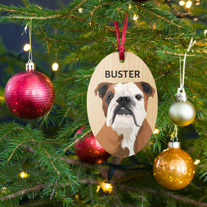 Oval-Shaped Christmas Wooden Ornament with Custom Pet Portrait Print hanging on Christmas Tree -Petclusiv